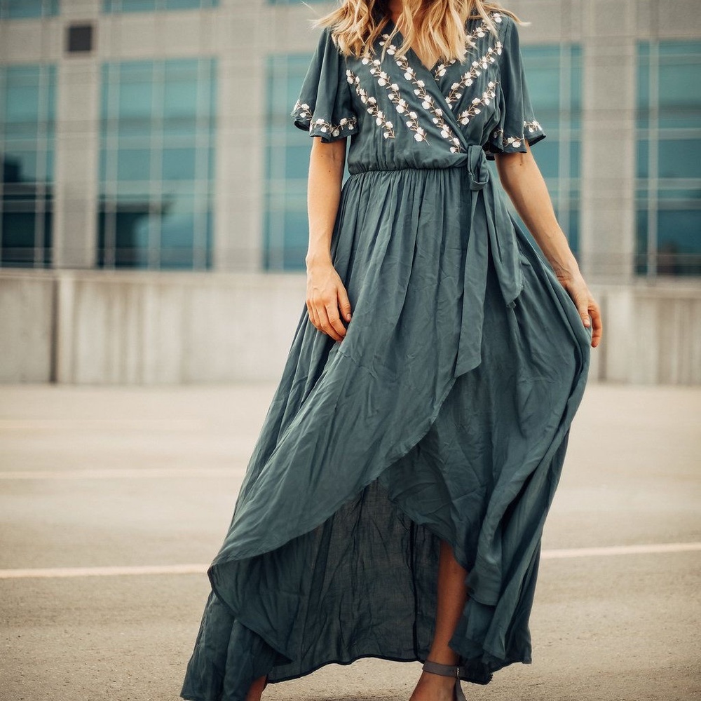 Jodifl Parklan Embroidered Wrap Dress in Jade
